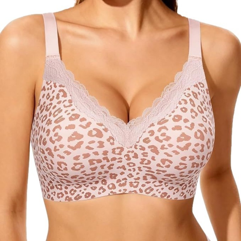 Wirefree Bra Comfort - ピンクのレオパード柄レースワイヤーなしシームレスブラ、フルカップ薄型成形セクシーゼリーソフトサポートブラ、プッシュアップ日常快適ブラ