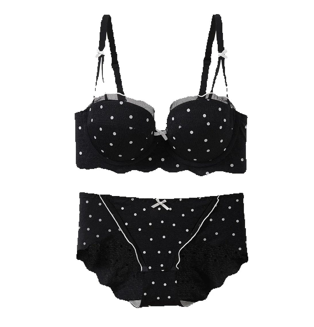 Cotton Bra Everyday - レースポルカドットブラジャー2点セット、小バストギャザー、垂れ防止、サイドバストコレクション、快適ワイヤーフリーランジェリーセット