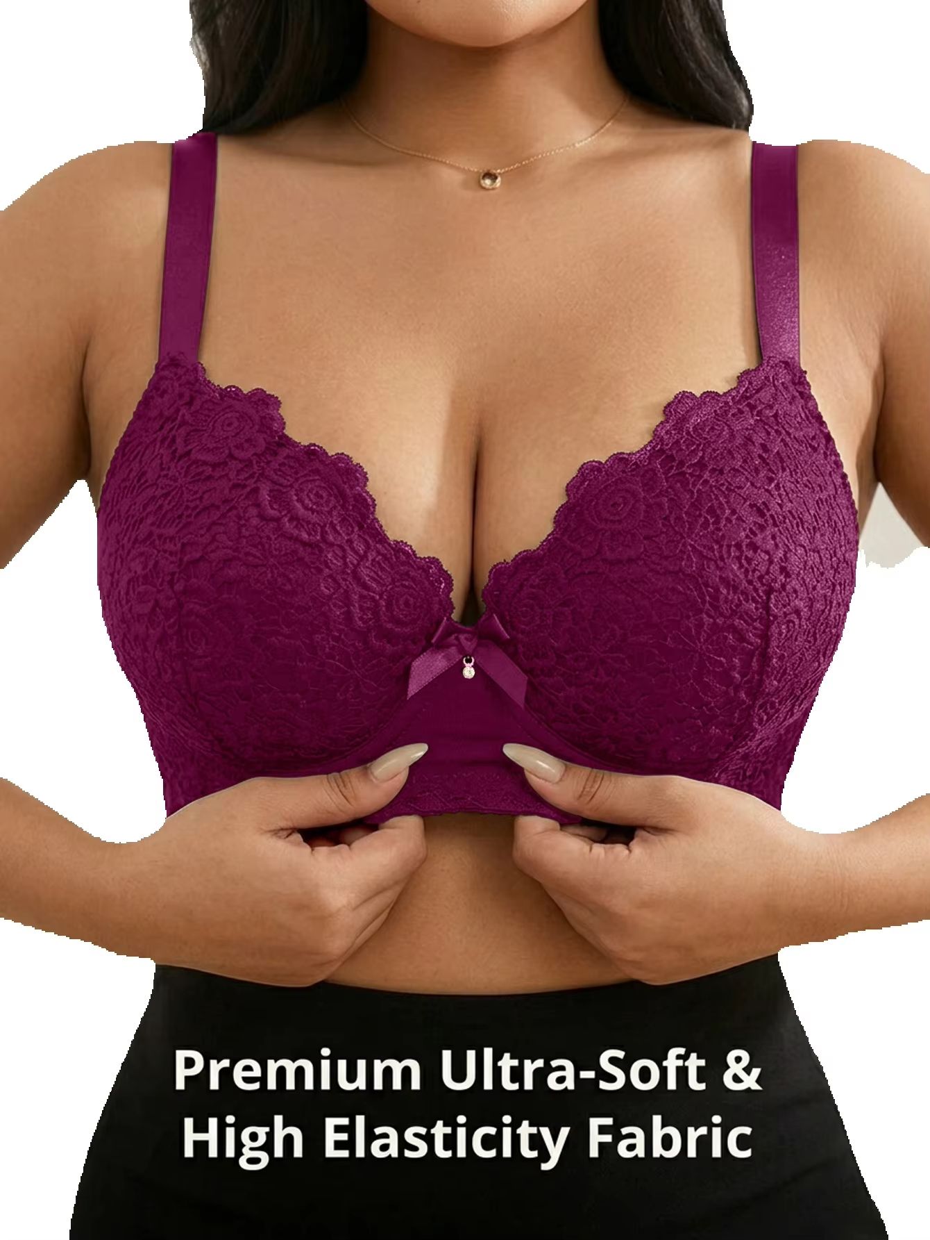 女性用プラスサイズ花柄プッシュアップブラ、アンダーワイヤー入 - Plunge Bra Push Up のレビューと価格